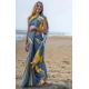 Women's Linen Printed Saree With Unstitched Blouse 5.5Mtr (Blue)