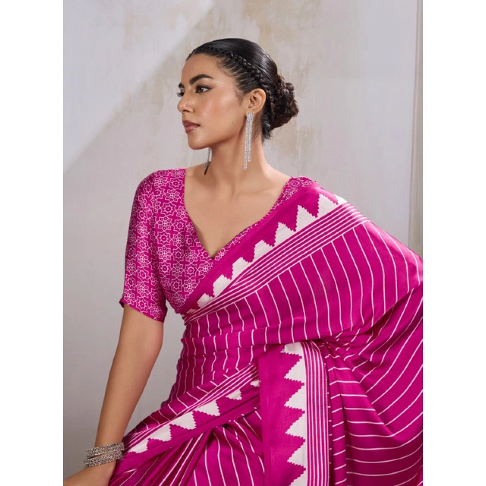 Women's Satin Crepe Printed Saree With Unstitched Blouse 5.5Mtr (Pink)
