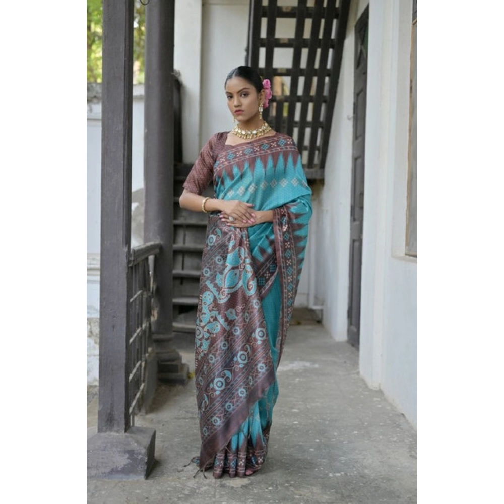 Women's Faux_Tussar Ikat Saree With Unstitched Blouse 5.5Mtr (Aqua_Blue) Women's Faux_Tussar Ikat Saree With Unstitched Blouse 5.5Mtr (Aqua_Blue)