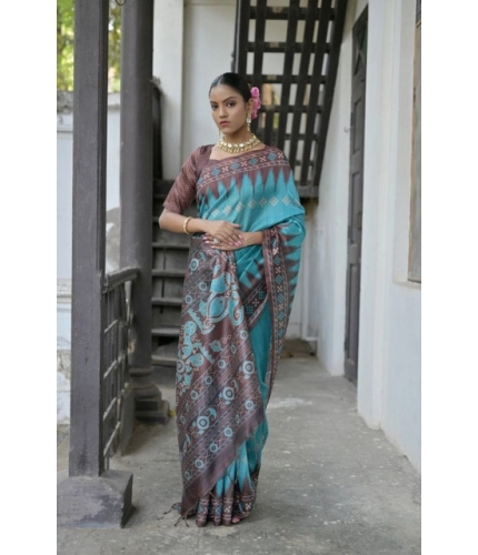 Women's Faux_Tussar Ikat Saree With Unstitched Blouse 5.5Mtr (Aqua_Blue)