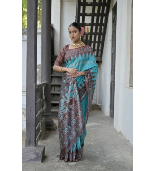 Women's Faux_Tussar Ikat Saree With Unstitched Blouse 5.5Mtr (Aqua_Blue)