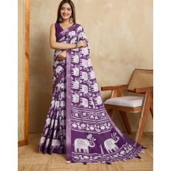 Women's Silk Blend Printed Saree With Unstitched Blouse 5.5Mtr (Purple)