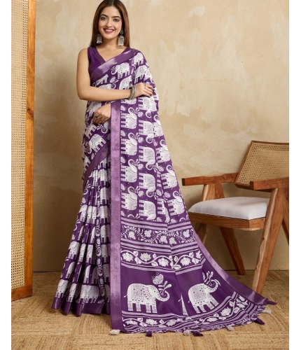 Women's Silk Blend Printed Saree With Unstitched Blouse 5.5Mtr (Purple)