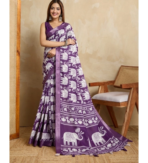 Women's Silk Blend Printed Saree With Unstitched Blouse 5.5Mtr (Purple)