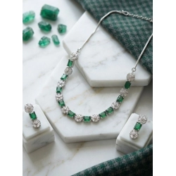 Women's Brass Silver Plated Necklace set (Green)