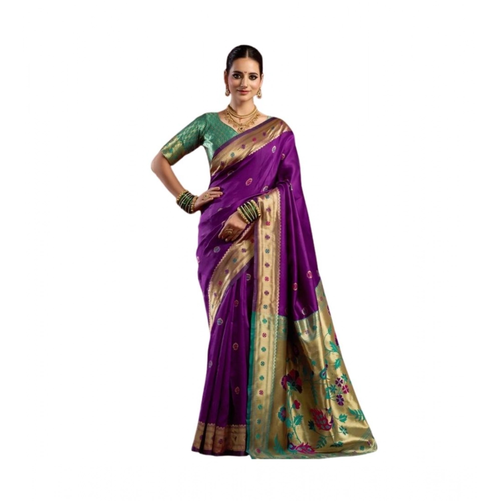 Women's Silk Blend Woven Saree With Unstitched Blouse 5.5 Mtr (Purple)