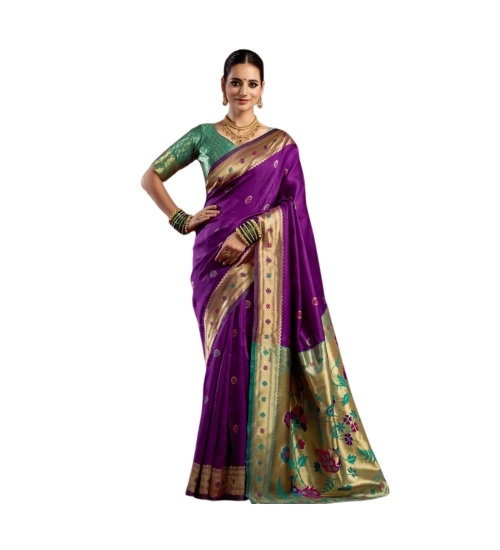 Women's Silk Blend Woven Saree With Unstitched Blouse 5.5 Mtr (Purple)