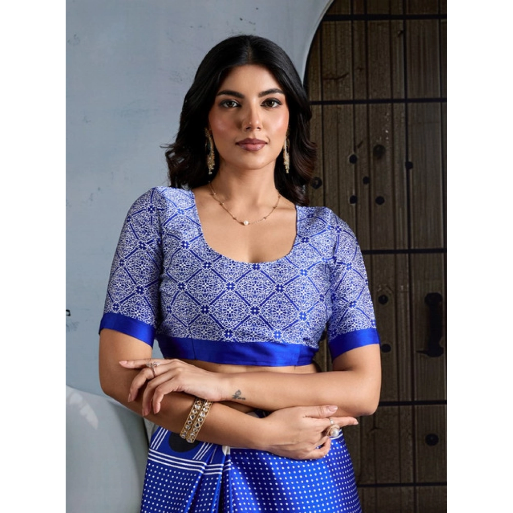 Women's Satin Crepe Printed Saree With Unstitched Blouse 5.5Mtr (Blue)