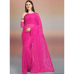 Women's Net Self Design Saree With Unstitched Blouse 5.5Mtr (Rani)