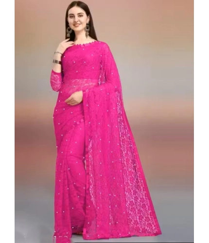 Women's Net Self Design Saree With Unstitched Blouse 5.5Mtr (Rani)