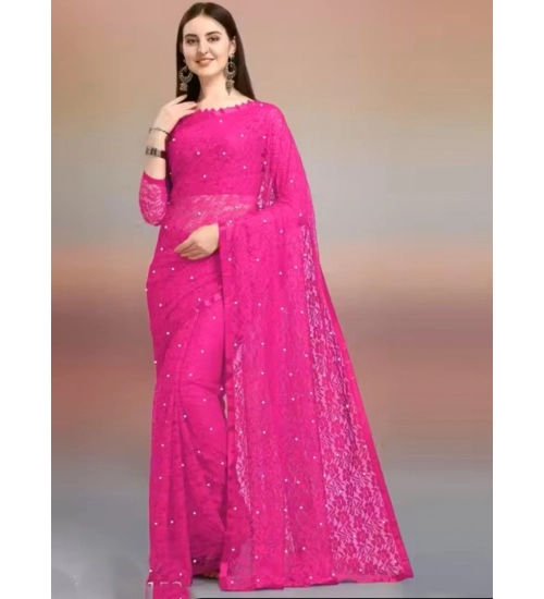 Women's Net Self Design Saree With Unstitched Blouse 5.5Mtr (Rani)