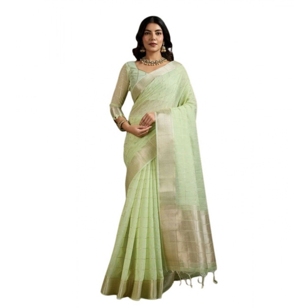 Women's Tissue Checks_With_Buttis Saree With Unstitched Blouse 5.5Mtr (Light_Green)