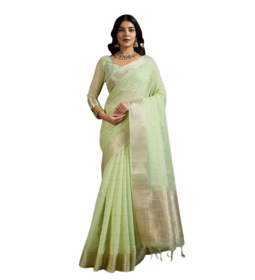 Women's Tissue Checks_With_Buttis Saree With Unstitched Blouse 5.5Mtr (Light_Green)