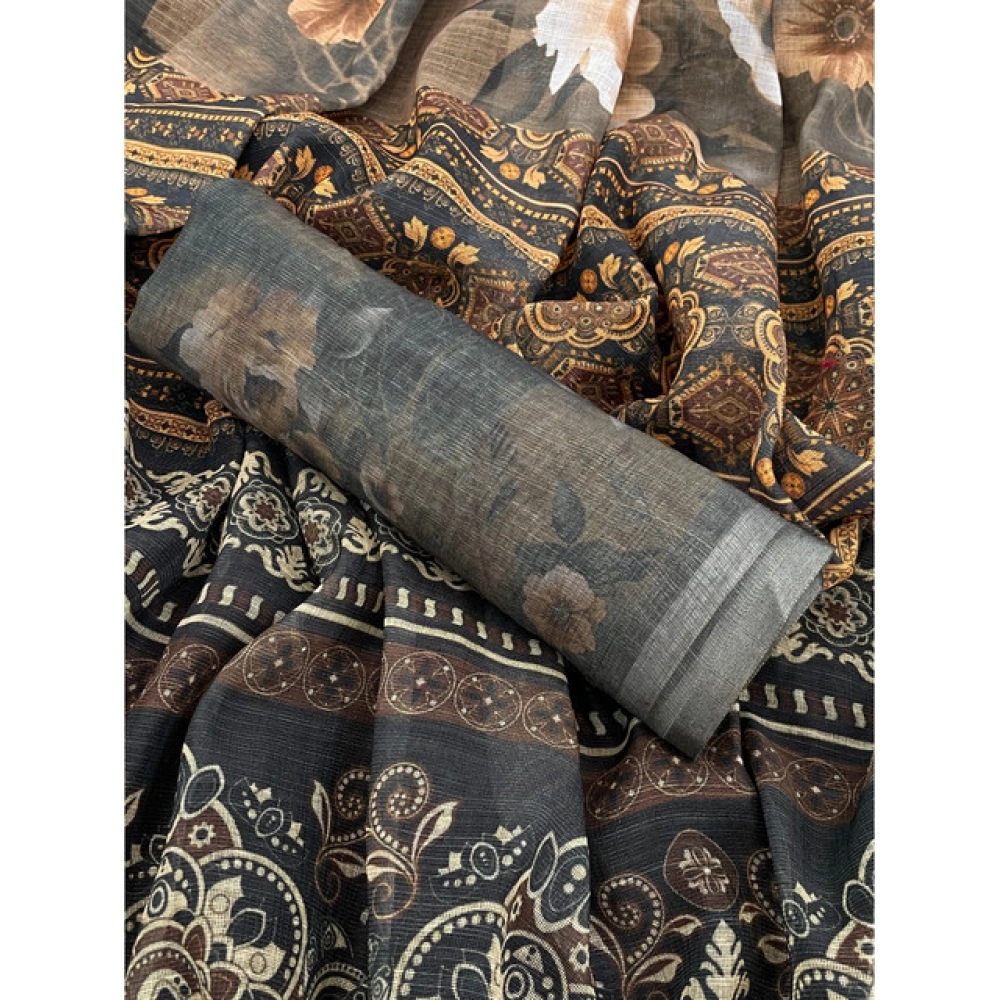 Women's Linen Cotton  Printed Saree With Unstitched Blouse 5.5Mtr (Beige)