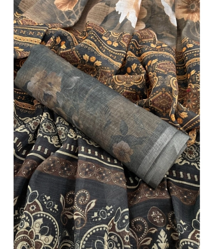 Women's Linen Cotton Printed Saree With Unstitched Blouse 5.5Mtr (Beige) Women's Linen Cotton Printed Saree With Unstitched Blouse 5.5Mtr (Beige)
