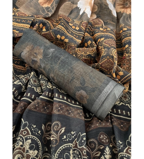 Women's Linen Cotton Printed Saree With Unstitched Blouse 5.5Mtr (Beige) Women's Linen Cotton Printed Saree With Unstitched Blouse 5.5Mtr (Beige)