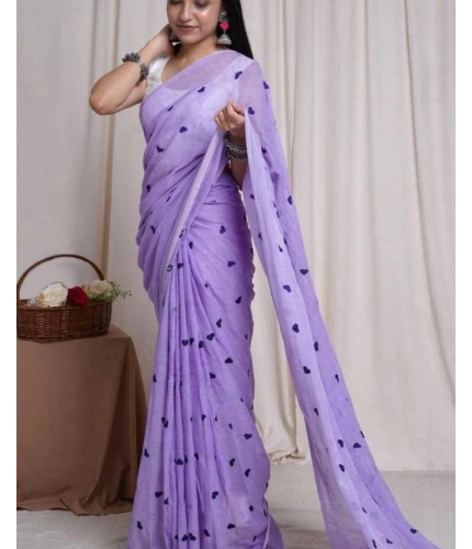 Women's Linen Printed Saree With Unstitched Blouse 5.5Mtr (Purple)