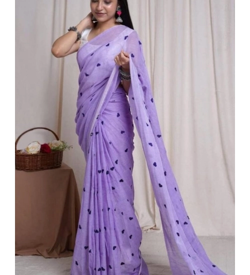 Women's Linen Printed Saree With Unstitched Blouse 5.5Mtr (Purple)