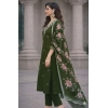 Women's Chanderi Silk Ethnic Motif V-Neck 3/4th Sleeve Kurti With Pant Dupatta Set (Mahendi)