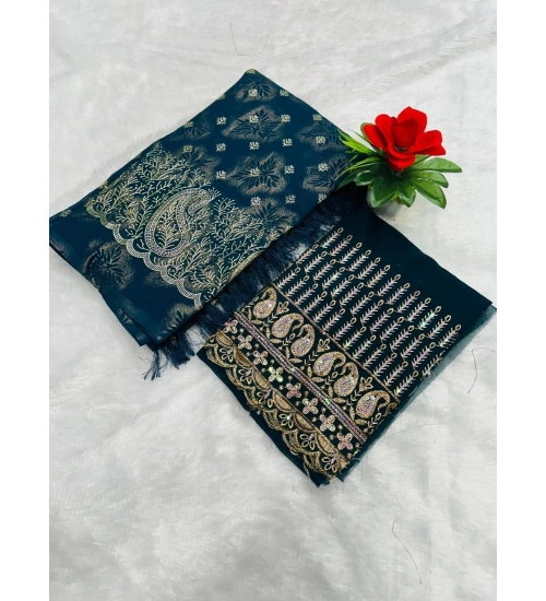 Women's Embroidered Georgette Saree With Unstitched Blouse (Dark Blue, 5-6 Mtrs)