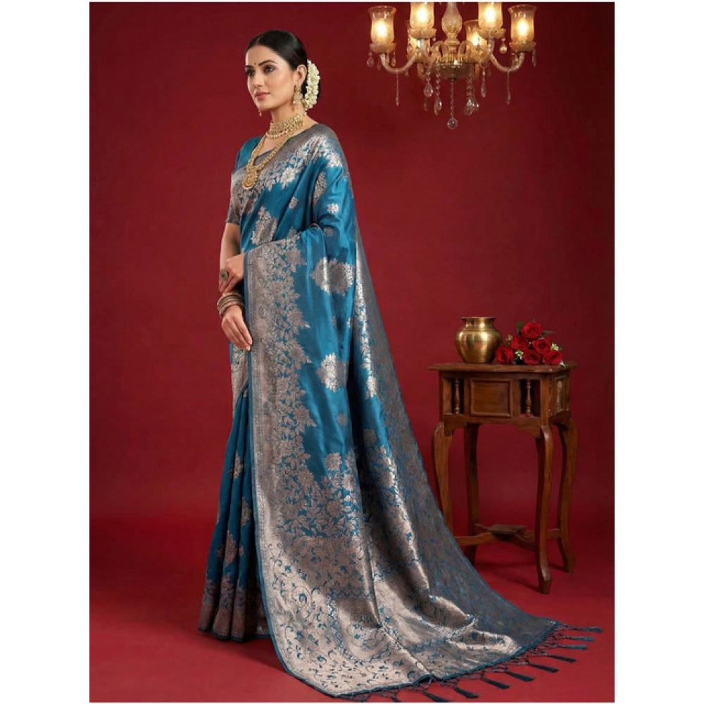 Women's Silk Blend Printed Saree With Unstitched Blouse 5.5Mtr (Teal Blue) Women's Silk Blend Printed Saree With Unstitched Blouse 5.5Mtr (Teal Blue)