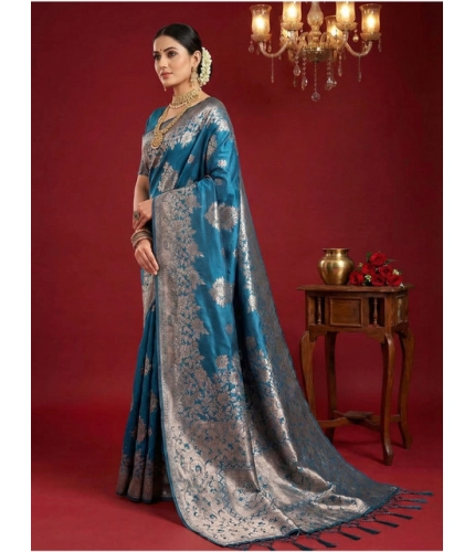 Women's Silk Blend Printed Saree With Unstitched Blouse 5.5Mtr (Teal Blue)