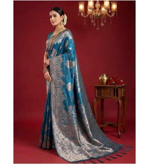 Women's Silk Blend Printed Saree With Unstitched Blouse 5.5Mtr (Teal Blue) Women's Silk Blend Printed Saree With Unstitched Blouse 5.5Mtr (Teal Blue)