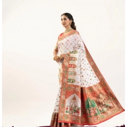 Women's Faux_Banarasi Woven Motifs Saree With Unstitched Blouse 5.5Mtr (White)