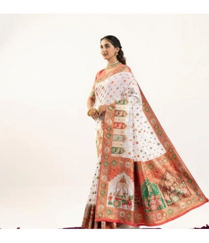 Women's Faux_Banarasi Woven Motifs Saree With Unstitched Blouse 5.5Mtr (White)