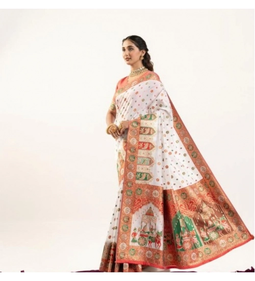 Women's Faux_Banarasi Woven Motifs Saree With Unstitched Blouse 5.5Mtr (White)