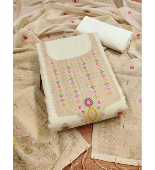 Women's Banarasi Silk Printed Unstitched Salwar Suit Material With Dupatta (White, 3Mtrs)