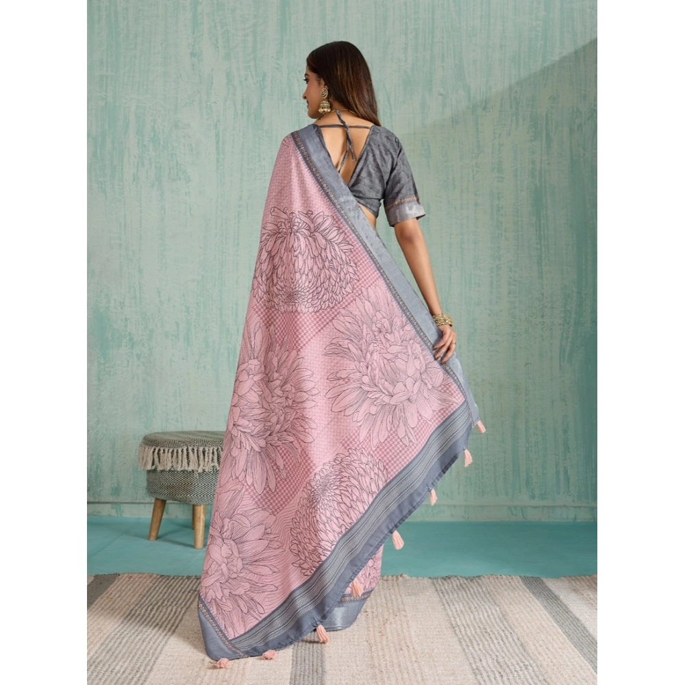 Women's Silk Blend Printed Saree With Unstitched Blouse 5.5Mtr (Pink)