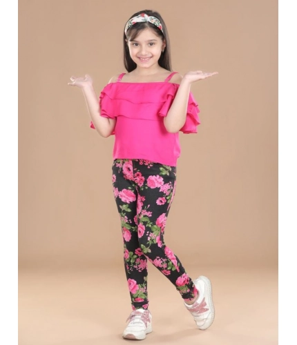Girl's Cotton Floral Elasticated Jegging and Top Set (Black-Pink)