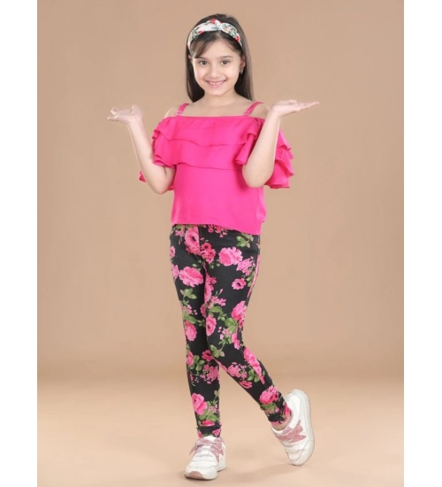 Girl's Cotton Floral Elasticated Jegging and Top Set (Black-Pink)
