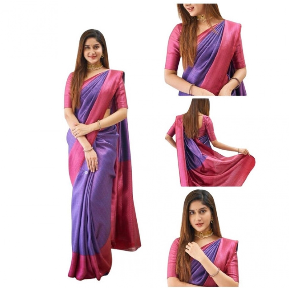 Women's Soft Lichi Silk Printed Saree With Unstitched Blouse 5.5Mtr (Purple)