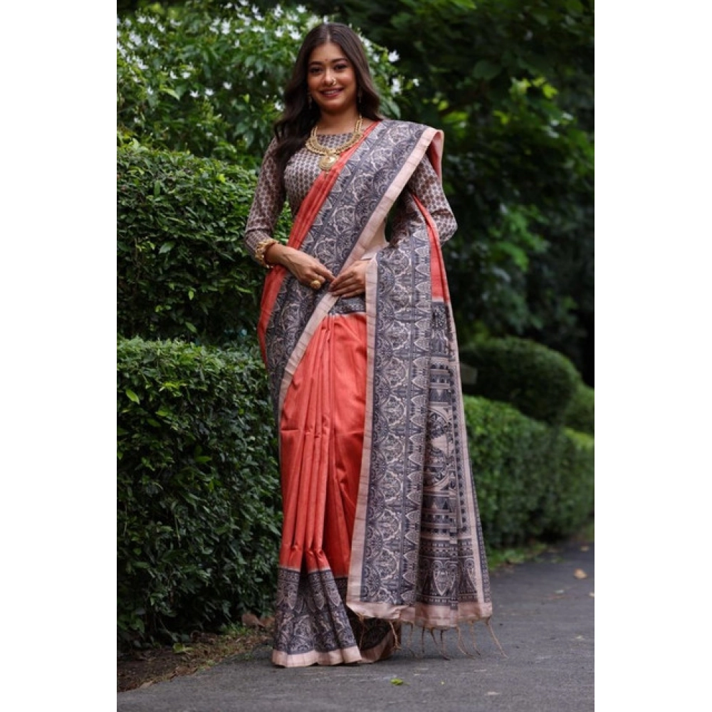 Women's Faux_Tussar Ethnic_Print Saree With Unstitched Blouse 5.5Mtr (Rust)