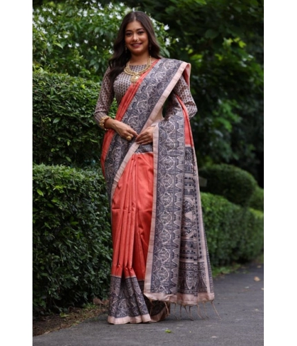 Women's Faux_Tussar Ethnic_Print Saree With Unstitched Blouse 5.5Mtr (Rust)