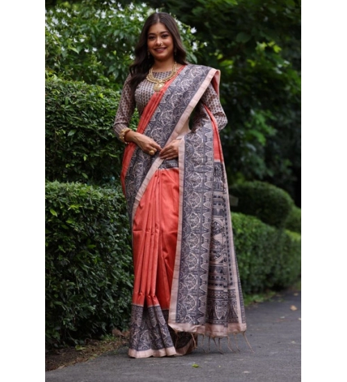 Women's Faux_Tussar Ethnic_Print Saree With Unstitched Blouse 5.5Mtr (Rust)