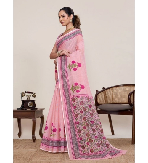 Women's Linen Floral Printed Saree With Unstitched Blouse 5.5Mtr (Pink)