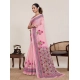 Women's Linen Floral Printed Saree With Unstitched Blouse 5.5Mtr (Pink)