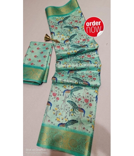 Women's Digital Dolla Silk Printed Saree With Unstitched Blouse 5.5Mtr (Pista Green)