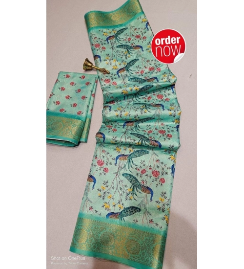 Women's Digital Dolla Silk Printed Saree With Unstitched Blouse 5.5Mtr (Pista Green)