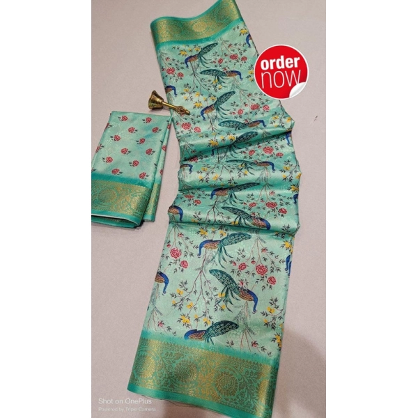 Dropship Women's Digital Dolla Silk Printed Saree With Unstitched Blouse 5.5Mtr (Pista Green)