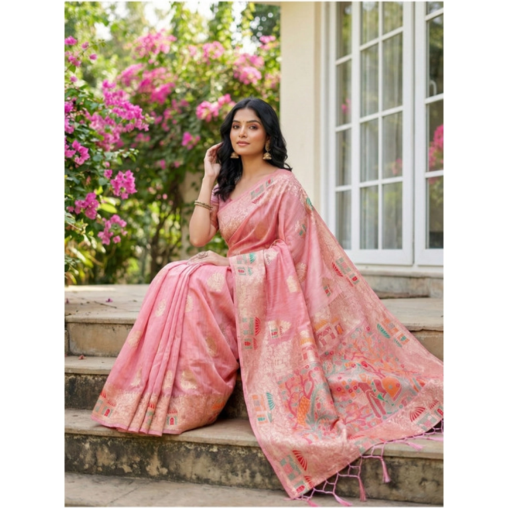 Women's Linen Cotton Printed Saree With Unstitched Blouse 5.5Mtr (Pink) Women's Linen Cotton Printed Saree With Unstitched Blouse 5.5Mtr (Pink)