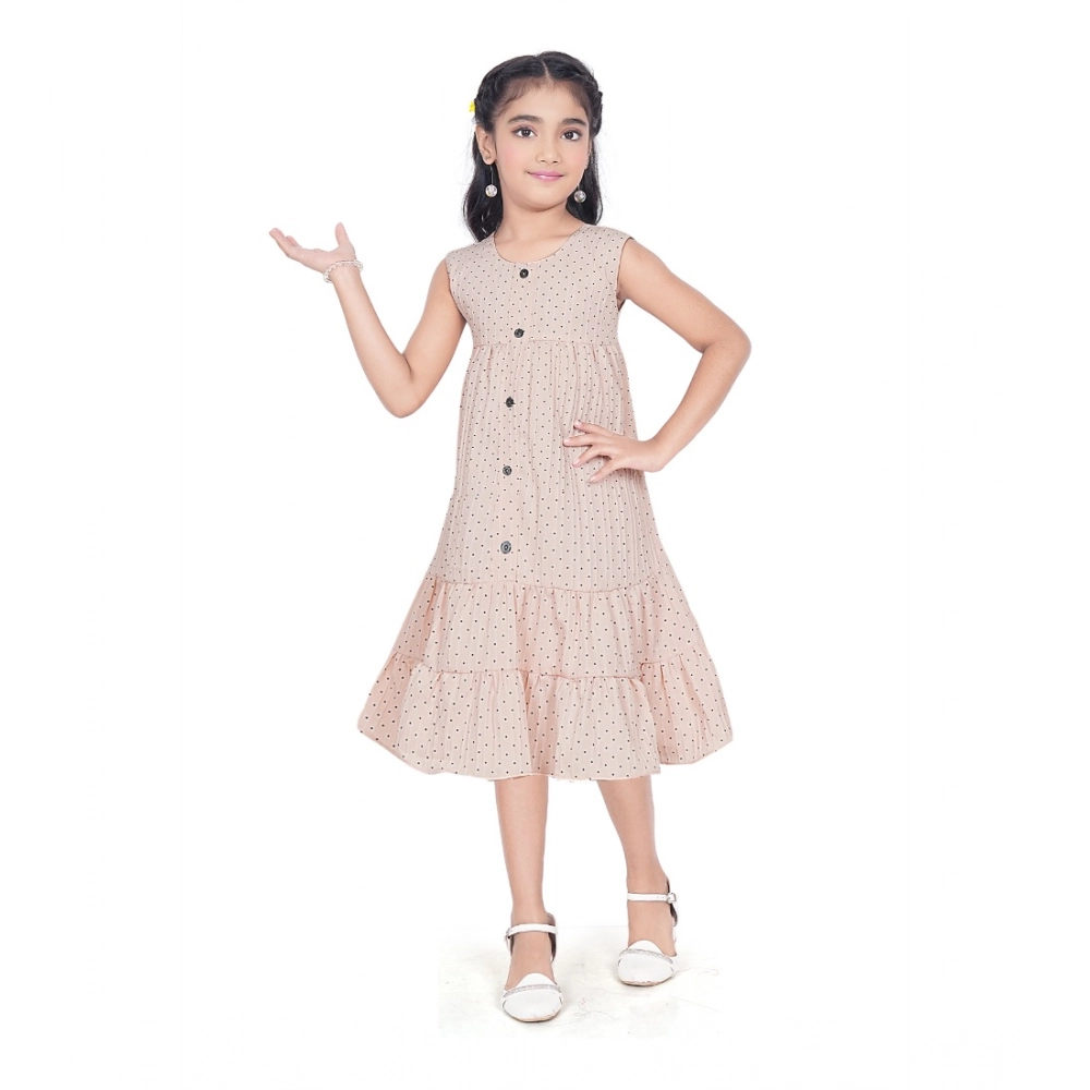 Girl's Slub Printed Sleeve Less Round Neck Dress (Brown) Girl's Slub Printed Sleeve Less Round Neck Dress (Brown)