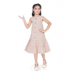 Girl's Slub Printed Sleeve Less Round Neck Dress (Brown)