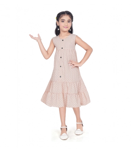 Girl's Slub Printed Sleeve Less Round Neck Dress (Brown)