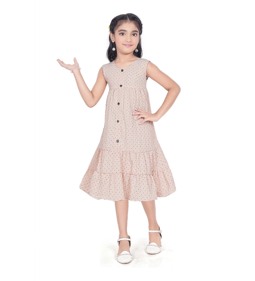 Girl's Slub Printed Sleeve Less Round Neck Dress (Brown)