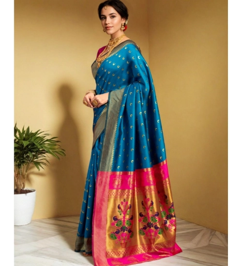 Women's Silk Blend Zari Woven Saree With Unstitched Blouse 5.5Mtr (Aqua)