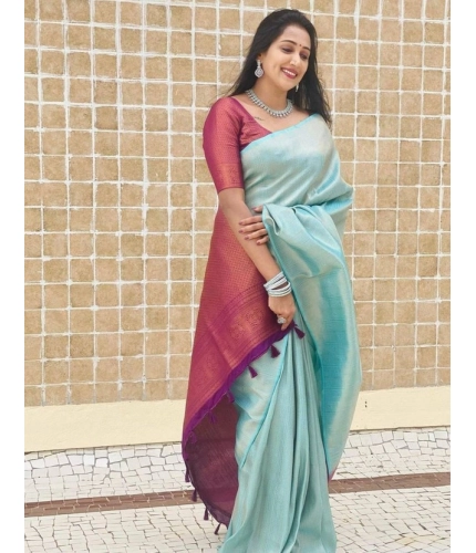 Women's Litchi silk Printed Saree With Unstitched Blouse (Blue) Women's Litchi silk Printed Saree With Unstitched Blouse (Blue)